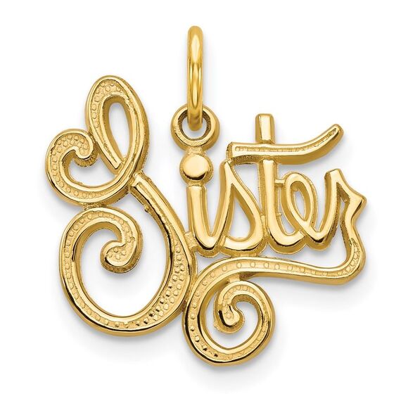 14k Yellow Gold Cursive Sister Charm or Pendant 16mm